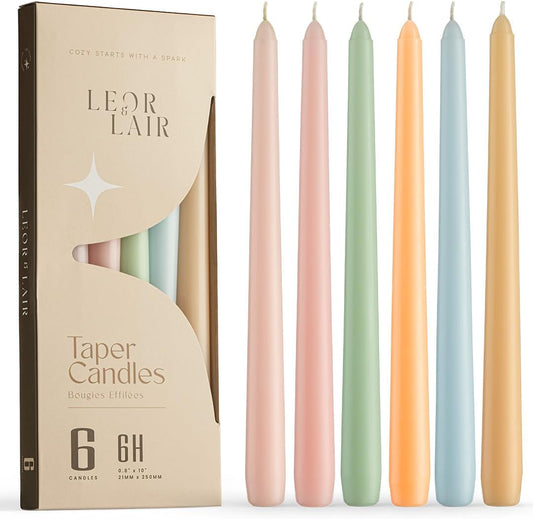 Leor & Lair Pastel Taper Candles 6 Pack - 10" Decorative Tall Candle Sticks with 6 Hour Burn Time - Pastel Candlesticks for Easter Decorations, Wedding & Party Table Decor