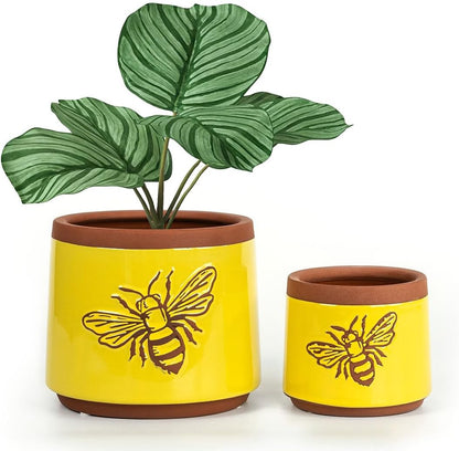YBX 8 Inch + 6 Inch Ceramic Plant Pots, Succulent Flower Pots with Drainage Holes, Terracotta Planters for Indoor Plants, White&Terracotta (Garden)