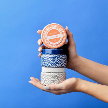 Capri Blue Volcano Printed Travel Tin Jar Candle - Luxury Candle with a Long Lasting Soy Wax Blend - Scented with Tropical & Fruity Fragrance (White Color, 8.5 oz)