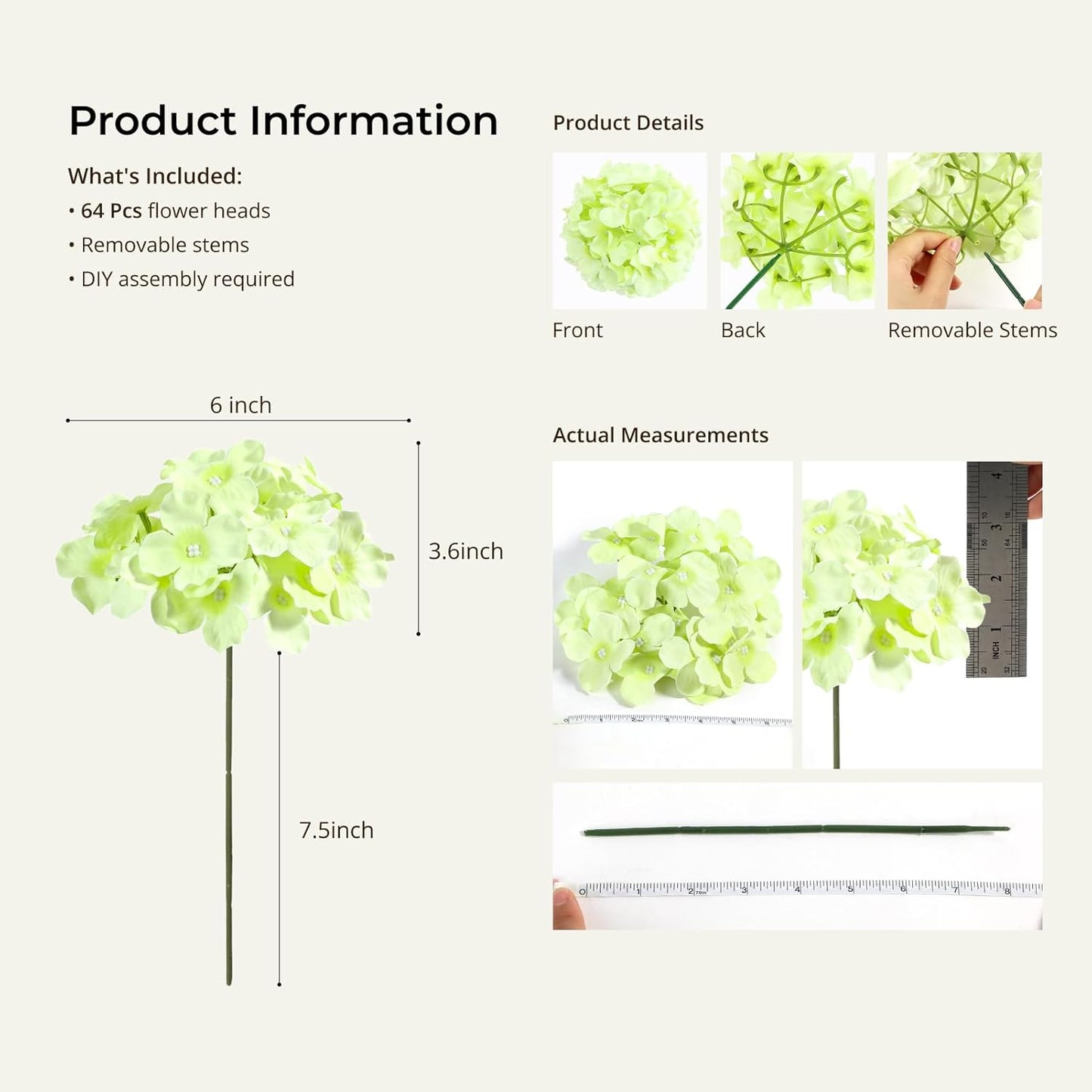 Auihiay 64 PCS Artificial Hydrangea Flowers, Silk Hydrangea Full Flowers Heads with Stems for Wedding Centerpieces, Home, Garden, Baby Shower, Party Decoration (Ivory)