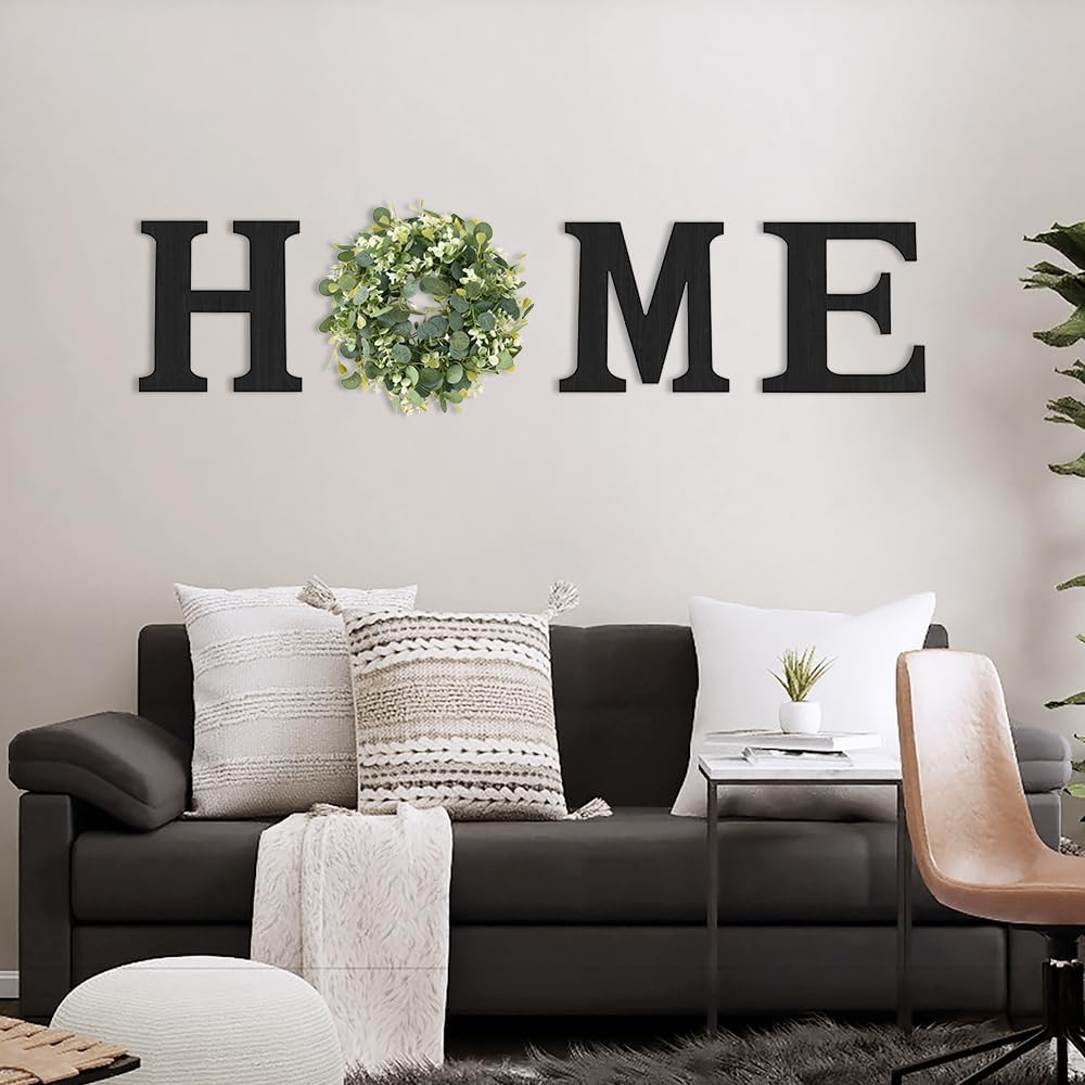 Pinkpum Wood Home Sign with Artificial Eucalyptus Wreath for O, Hanging Farmhouse Wall House Decor Wood Letters for Wall Art Rustic Home Decor, Wall Decor for Living Room Kitchen Entryway (Black)