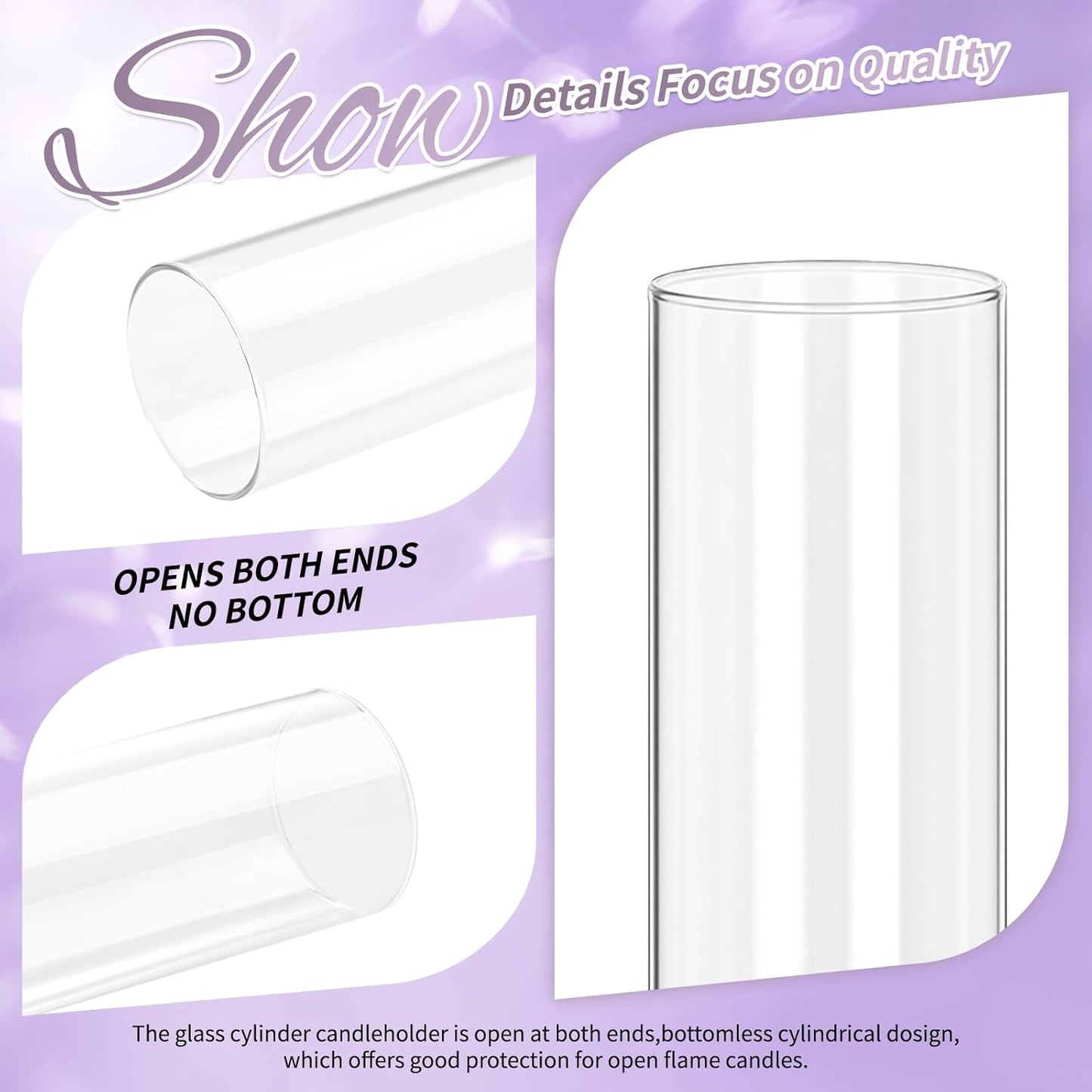 24 PCS Hurricane Candle Holder, 2.5" W x 14" H Open Ended Glass Candle Cylinder Sleeve, Clear Glass Cylinder Candle Holder, Open Flame Candle Chimney Tube Cover, Bottomless Cylindrical Glass