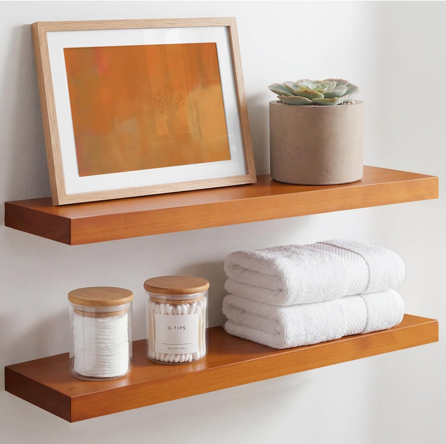 Homeforia 24 inch Natural Floating Shelf, High End Solid Real Wood 24inch Small Floating Shelves for Wall Mounted, Natural Wooden Floating Shelves, Heavy Duty Bracket, 24 X 6.5 X 1.75 in, Set of 2