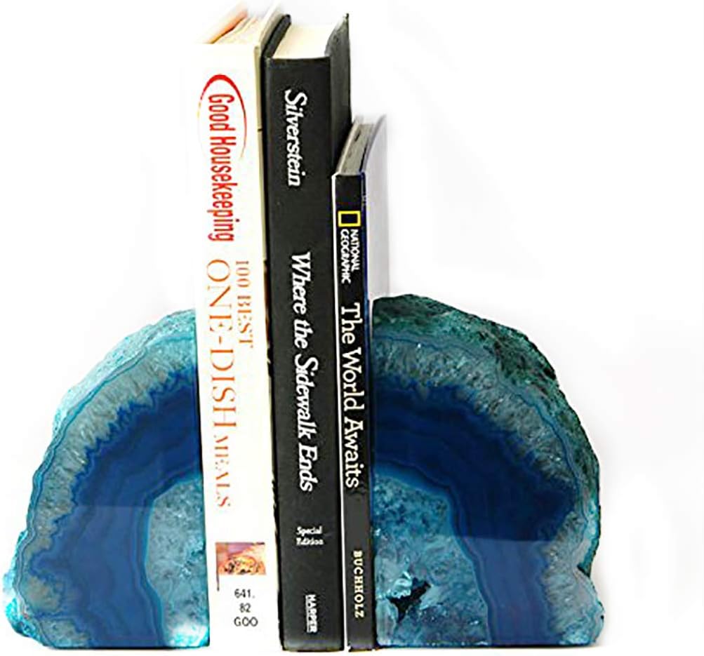 JIC Gem Dyed Blue Agate Bookends Geode Decorative Book Ends for Heavy Books with Rubber Bumpers for Office and Home Decoration Polished Small Size 2 to 3 Lbs