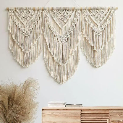 oiikain Large Handmade Boho Macrame Wall Hanging Tapestry - Chic Bohemian Woven Home Decor art for Living Room, Bedroom, and Wedding Parties (Beige, twelve rhombus)
