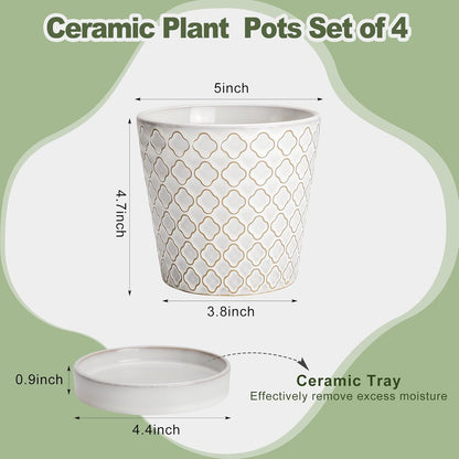 EFISPSS Flower Planter –5 inch Ceramic Plant Pots with Drainage Hole and Ceramic Tray - Gardening Home Desktop Office Windowsill Decoration Gift Set of 4 - Plants NOT Included
