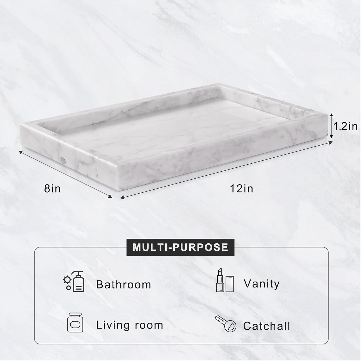 Marble Bathroom Tray for Countertop & Home Decor, Natural Decorative Marble Tray for Jewelry & Perfume Organizer, Luxury Stone Vanity Trays for Dresser, Kitchen Counter, 12" x 8", Gray Black
