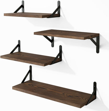 YGEOMER Floating Shelves for Wall, Different Sizes Dark Carbonized Brown Wall Shelves for Living Room, Bathroom, Bedroom, Kitchen, Home Decor (Set of 4)