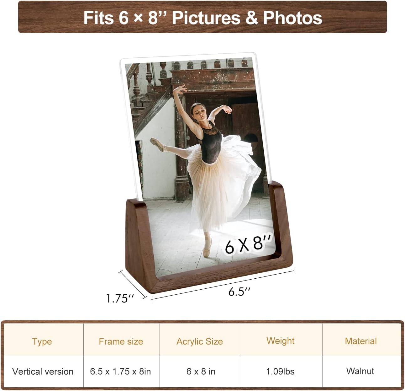 Mixoo 4x6 Picture Frame 2 Pack - Rustic Wooden Picture Frames with Walnut Wood Base and High Definition Break Free Acrylic Photo Covers for Desk Tabletop Display Graduation Gifts Teacher Appreciation Gifts (Horizontal + Vertical)