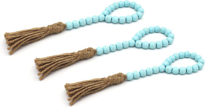 CVHOMEDECO. Wood Beads Garland with Tassels 3 PCS Farmhouse Rustic Wooden Prayer Bead String Wall Hanging Accent for Home Festival Decor. Natural