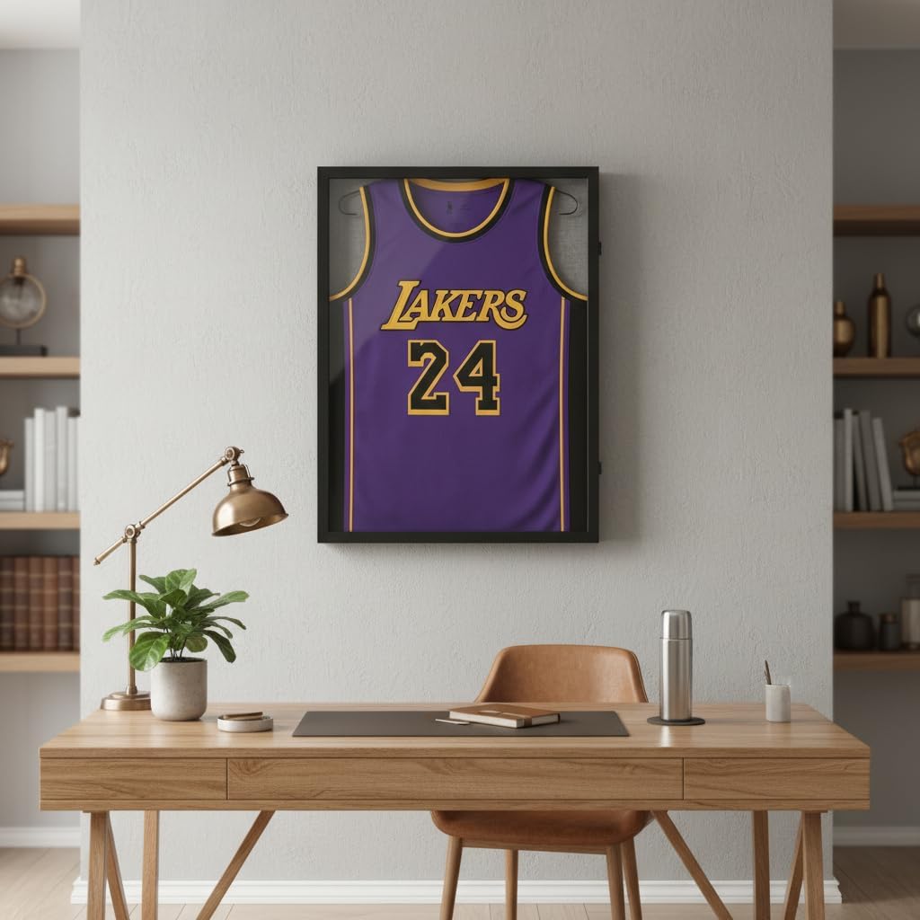 Large Lockable Jersey Frame Display Case Wall Mount, T-Shirt Shadow Box with Clear UV-Protective Acrylic, Hangers Linen Backing for Football, Basketball, Baseball