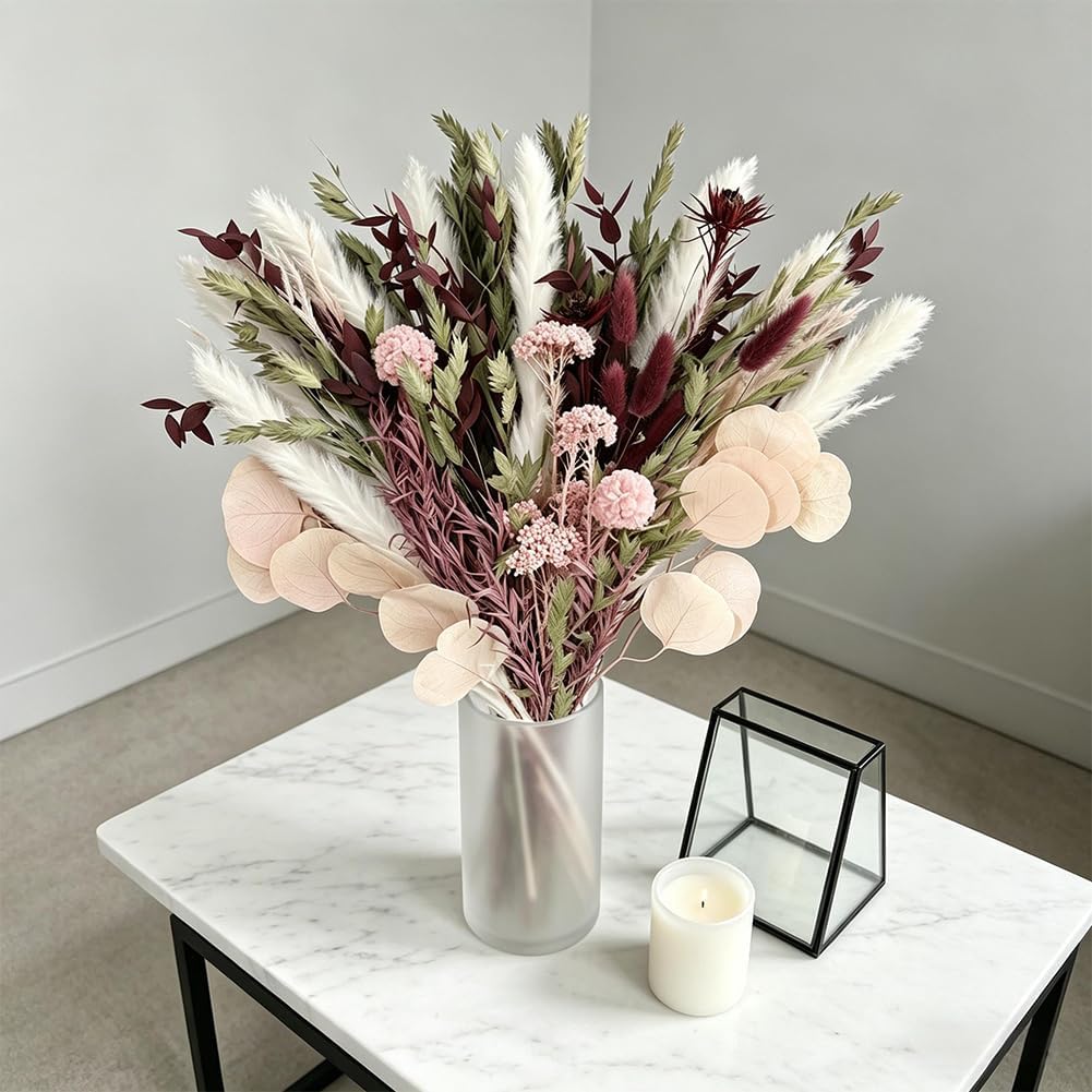 Blush Pink & Burgundy Dried Flower Bouquet, Cream Pampas Grass with Sage Green & Eucalyptus, Boho Dried Flowers for Wedding, Home Décor