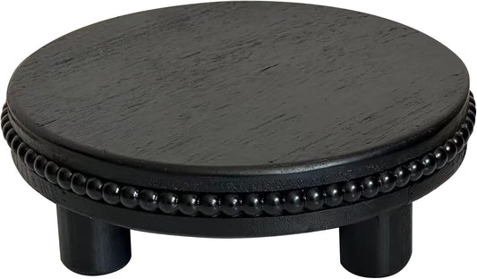 dwellington Farmhouse Beaded Wood Tray Risers for Display, 7.6” Wooden Decorative Tray for Kitchen Home Decor, Display Pedestal Stand for Countertop, Black Round Wood Riser for Soap Dish