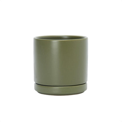 D'vine Dev 6.5 Inch Ceramic Planter Pot with Drainage Hole and Saucer, Indoor Cylinder Round Planter Pot, Olive, 94-O-C-J