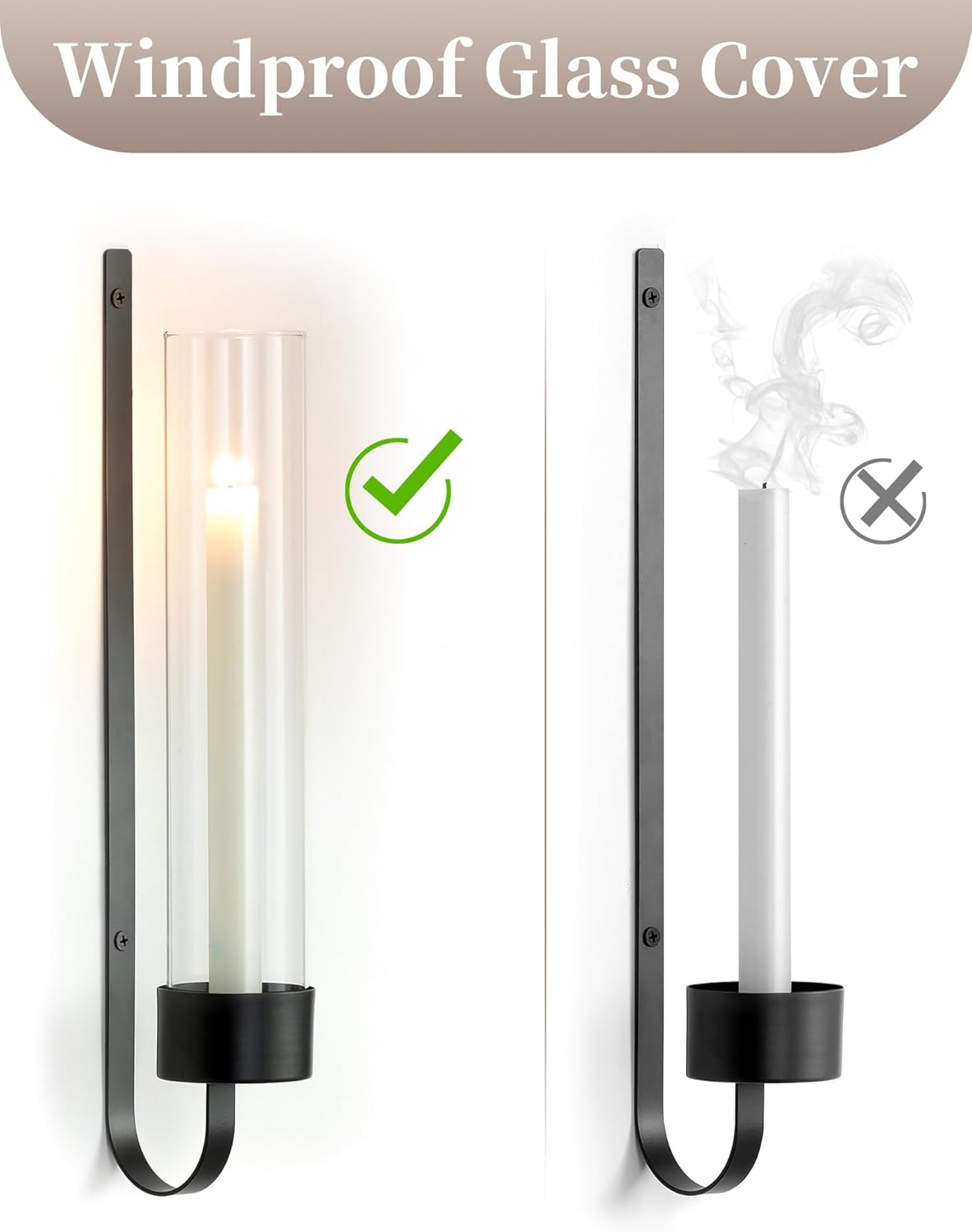Sziqiqi Black Wall Candle Holders: Metal Candle Sconces for Taper Set of 2 Modern Wall Mounted Candlestick Holder with Hurricane Glass for Living Dining Room Bedroom Bathroom Outdoor