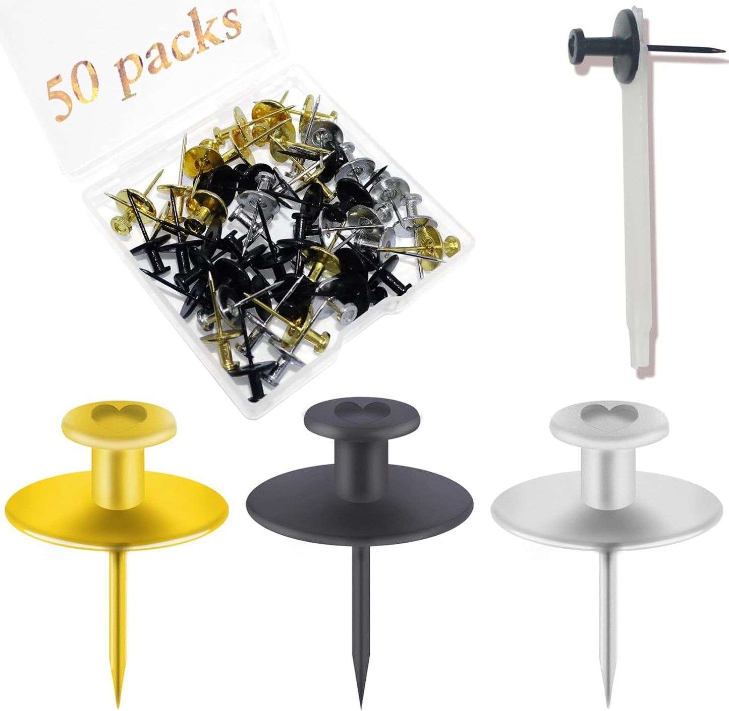 50 PCS Push Pins Picture Hangers Wall Hooks, Double Headed Thumb Tacks for Wall Hangings, Renter Friendly Decor Small Picture Frame Hangers for Drywall Cork Board Home Office Photo Decorations(Black)