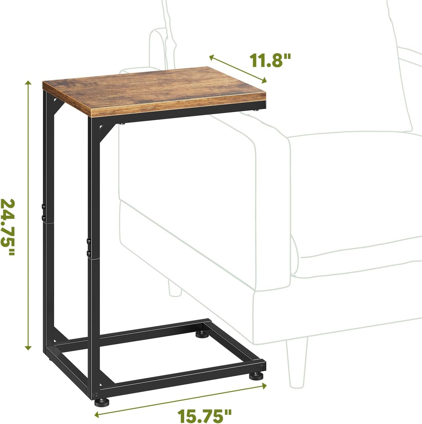 Simple Trending C Shaped End Table, TV Tray for Couch, Small Side Table with Metal Frame, for Living Room Bedroom, Rustic Brown