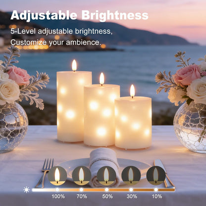 Rechargeable Flameless Glass Pillar Candles–Gifts for Women,–Set of 3, Realistic Flickering LED Light,Remote & Timer, Ideal for Living Room, Bedroom & Festival Wedding Home Party Decor