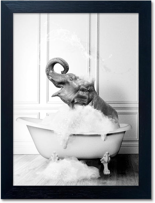 Bathroom Picture Wall Decor, Framed Black and White Bathroom Wall Art, Toilet Paper in Little Funny Raccoon's Hand Animal Canvas Print Painting