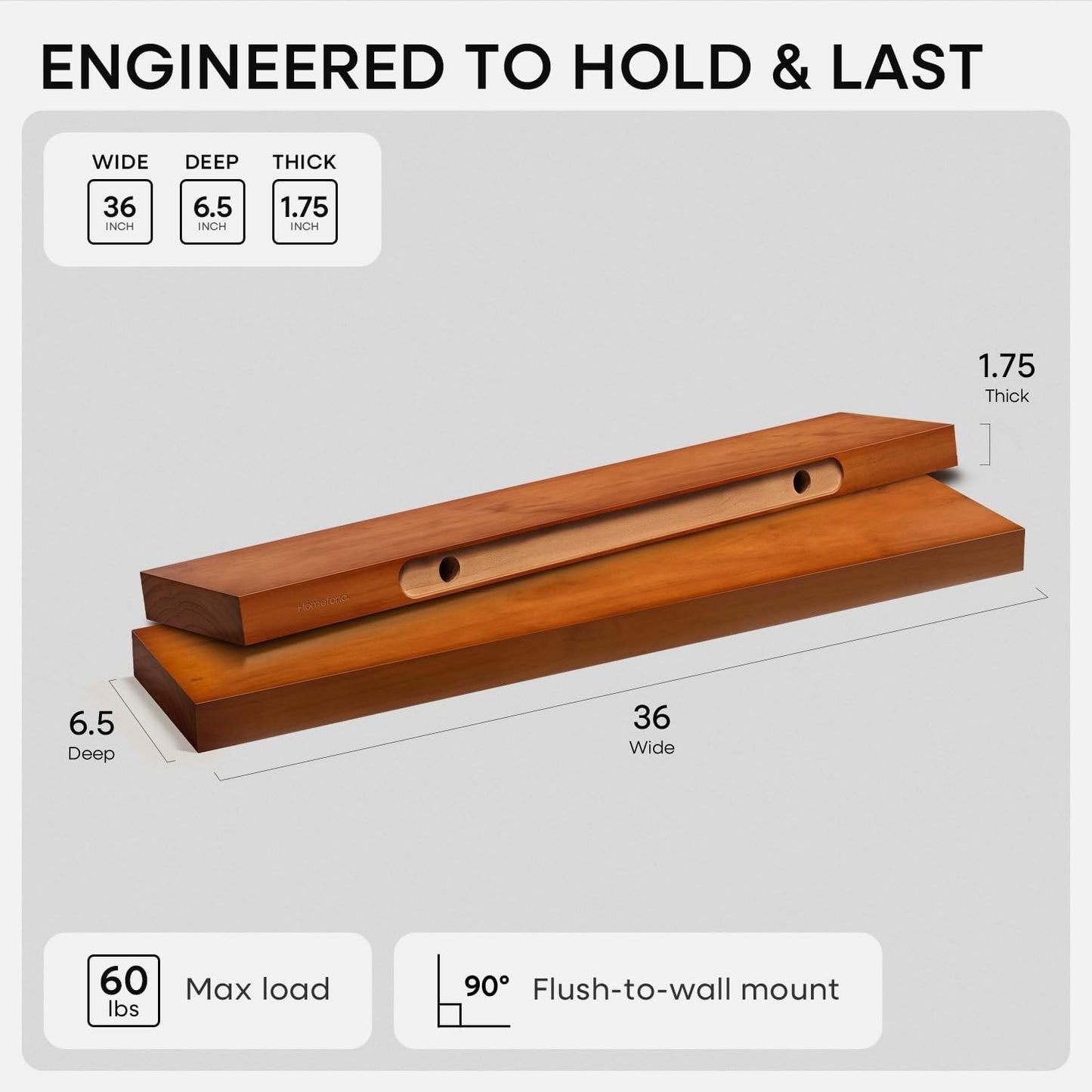 Homeforia 24 inch Natural Floating Shelf, High End Solid Real Wood 24inch Small Floating Shelves for Wall Mounted, Natural Wooden Floating Shelves, Heavy Duty Bracket, 24 X 6.5 X 1.75 in, Set of 2