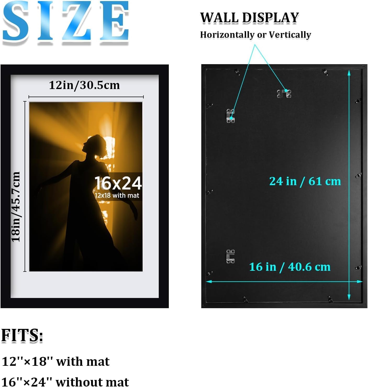 Egofine 12x16 Picture Frame Black, Covered by Plexiglass Made of Solid Wood, Display Pictures 9x12 and 11x14 with Mat or 12x16 Without Mat, for Wall Mounting Photo Frame - Colors B