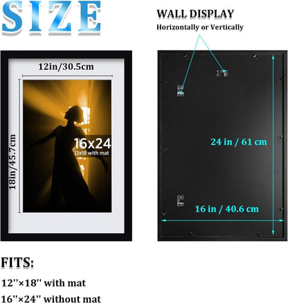 Egofine 12x16 Picture Frame Black, Covered by Plexiglass Made of Solid Wood, Display Pictures 9x12 and 11x14 with Mat or 12x16 Without Mat, for Wall Mounting Photo Frame - Colors B