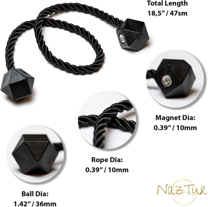 NazTur Magnetic Curtain Tiebacks- Upgrade 2022 with a Thicker Twist Rope & Strong Magnet Tieback Window Treatment Holdbacks Draperies Holders Decorative Drape Handmade Tie Back (Black, 2)