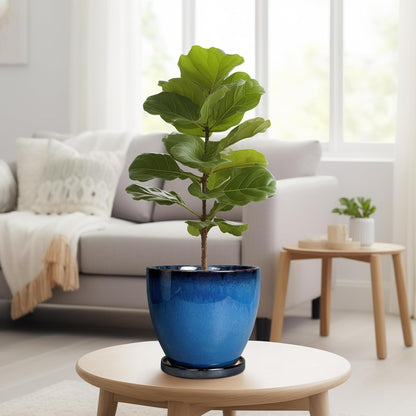 10 Inch Ceramic Planter Pot Round Plant Pot for Indoor Plants Outdoor Large Flower Pot with Drainage Hole and Saucer Blue