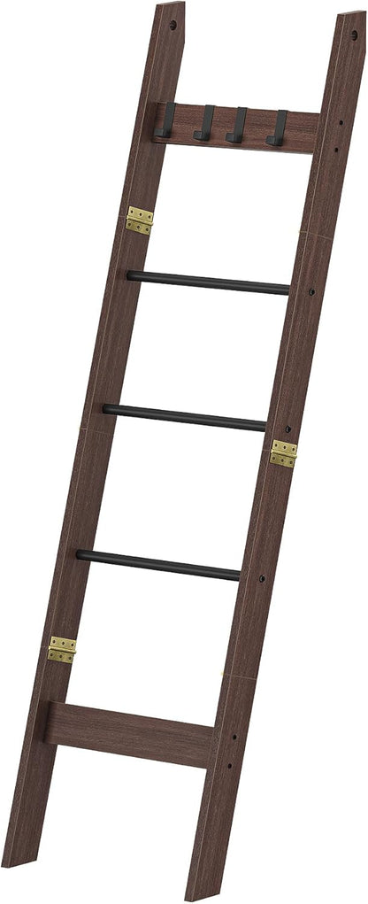Hzuaneri Blanket Ladder for Living Room, Decorative Quilt Rack with 4 Removable Hooks, 5-Tier Farmhouse Ladder Holder Shelf Organizer for Bedroom, Rustic Brown and Black 02101BBR