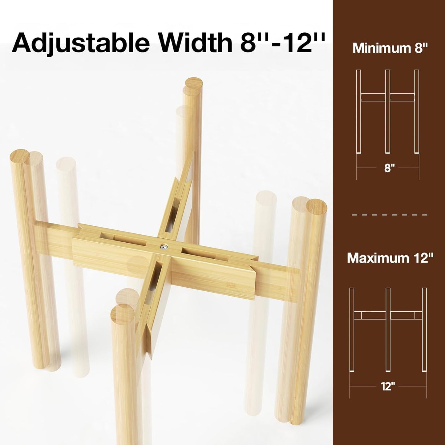 MUDEELA Plant Stand for Indoor Plants: Adjustable Width Fits 8–12 Inch Pots - Mid Century Modern Bamboo Plant Stand - 14.5 Inch Single Tier Small Floor Plant Holder, Dark Brown, 1 Pack (Without Pot)