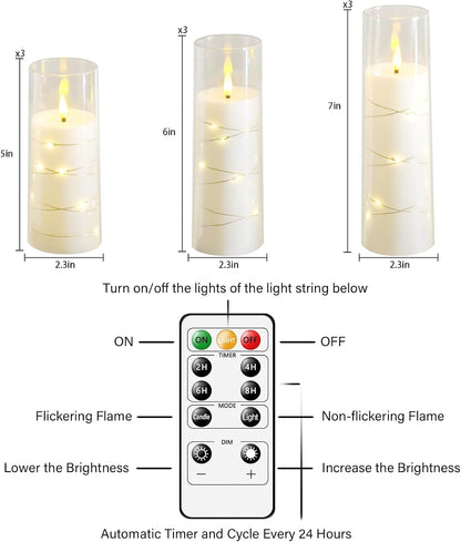 Nimiko Flickering Flameless LED Candles, 9 Pcs with Embedded Star String, Acrylic LED Pillar Candles with Remote, Suitable for Home Decoration (White)