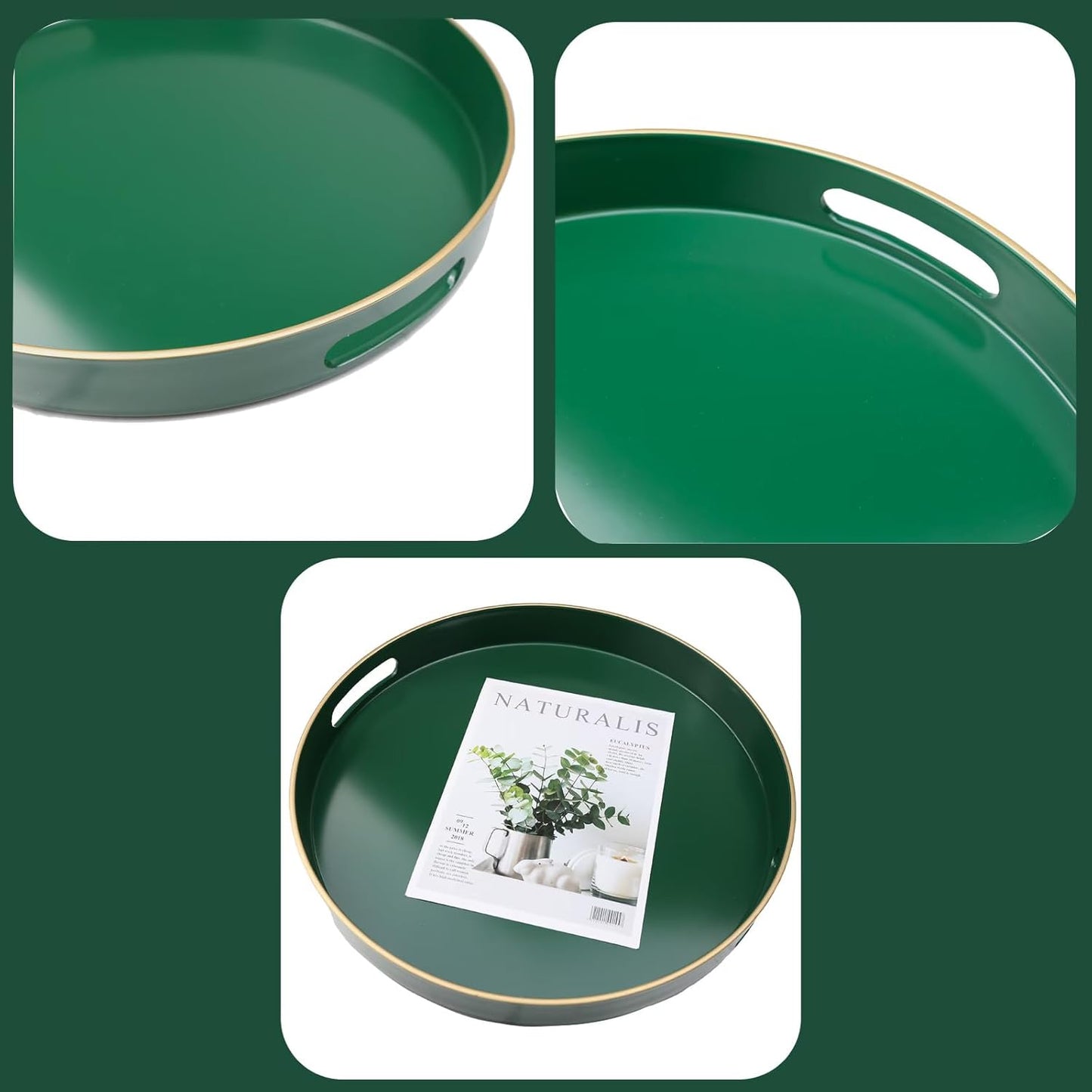Green Decorative Tray with Handles, Versatile Serving Tray for Coffee Table, Ottoman, Ideal for Serving, Displaying, Organizing, 15.7"*10.2"*1.57"