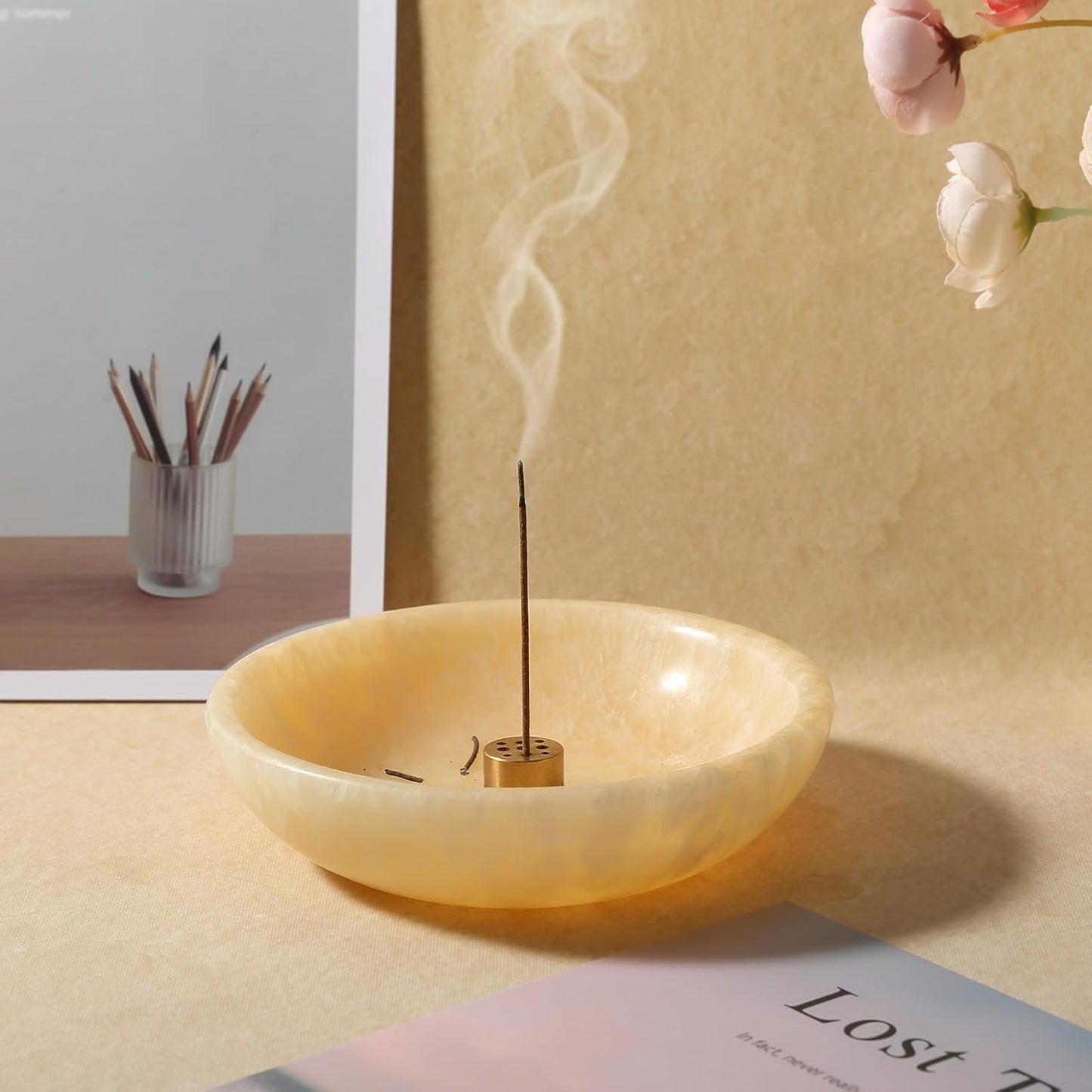 Koville Natural Marble Incense Holder, Incense Holder for Sticks with 9 Holes, Handmade Incense Burner Ash Catcher for Meditation Yoga SPA, Balsam Fir/Palo Santo/Sage/Cone (Green)