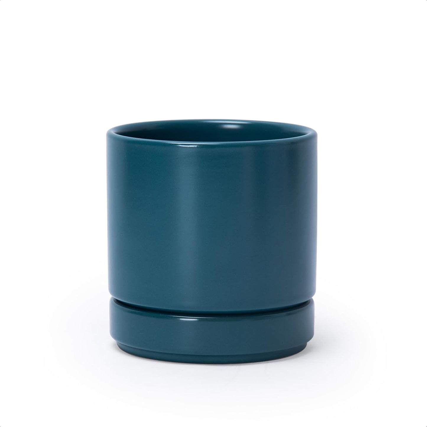 D'vine Dev 6.5 Inch Ceramic Planter Pot with Drainage Hole and Saucer, Indoor Cylinder Round Planter Pot, Olive, 94-O-C-J