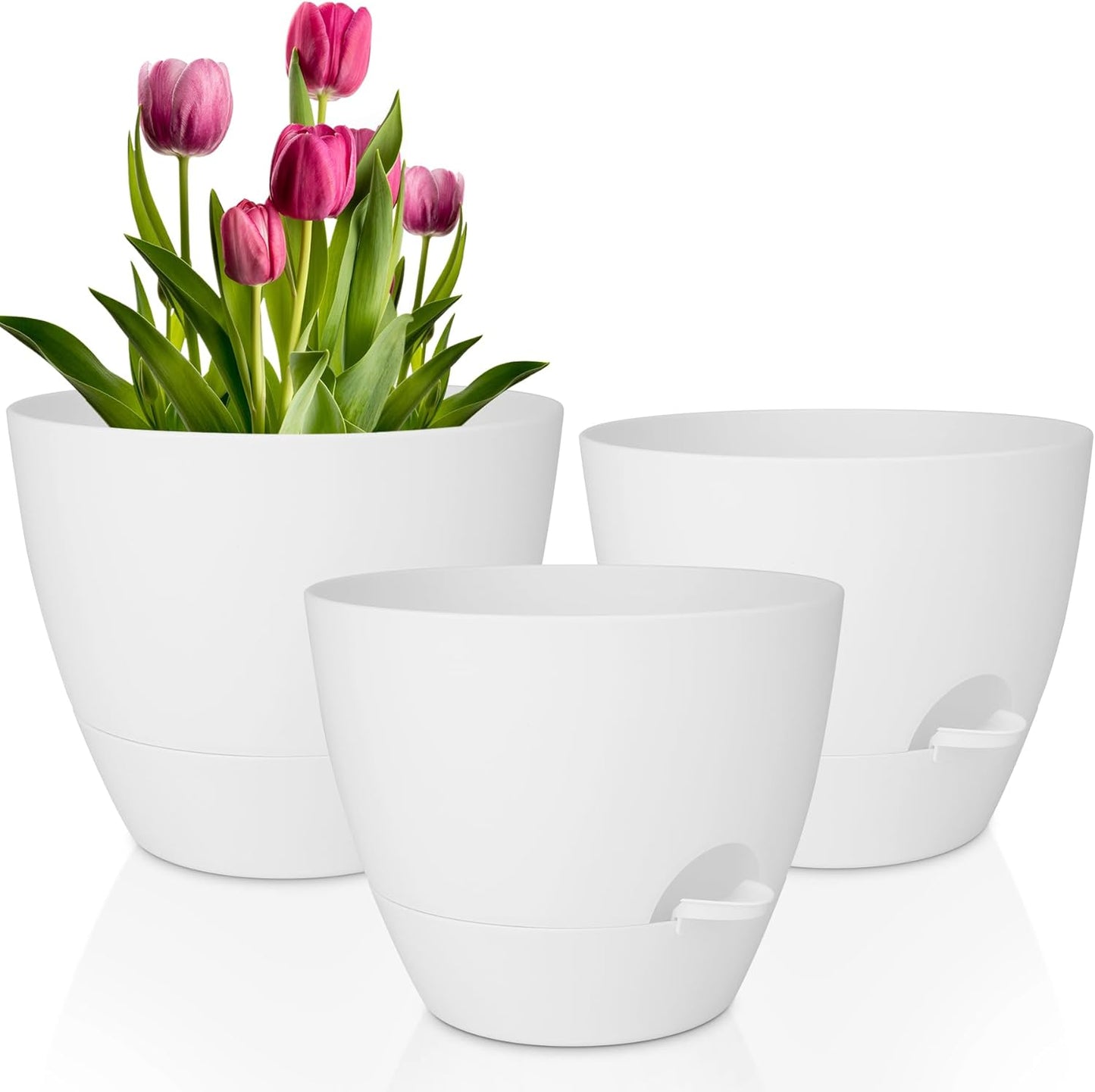 QRRICA Plant Pots 10/9/8/7.5/7 Inch Self Watering Pots, Set of 5 Plastic Planters with Drainage Holes and Saucers,Plastic Flower Pots,Nursery Planting Pot for Indoor Out Door Plants（Green）