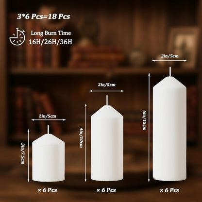 18 Pcs White Pillar Candles Bulk Set，Hurricane Candles，3 Different Lengths 2 x 3/4/6 Inch (6 Each)，Dripless Unscented Smokeless，Gives You a Better Atmosphere When Organizing an Event Party.