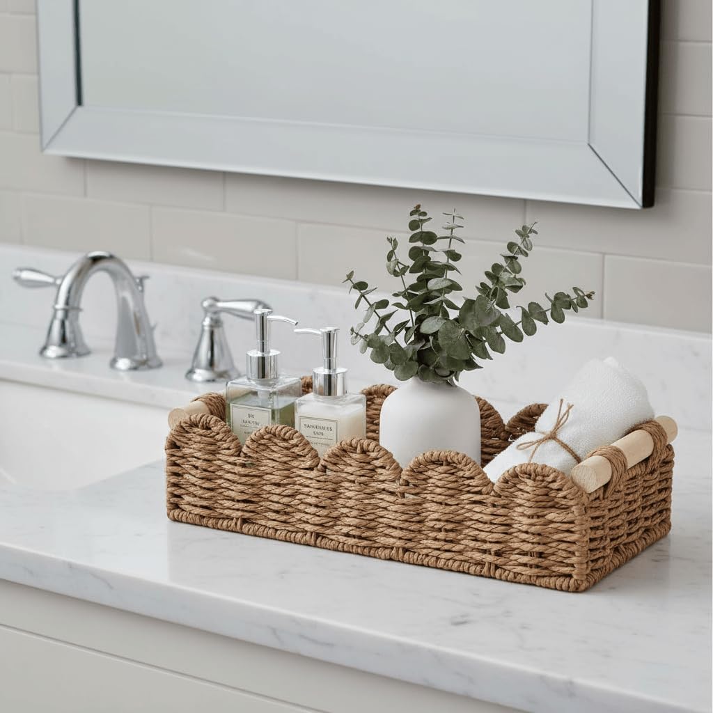CubesLand Paper Rope Scalloped Edge Toilet Paper Storage Basket, Small Living Room, Bedroom Decor Baskets for Over Toilet Storage Shelf, End Table, Shelves and More, with 2 Wooden Handle, Neutral