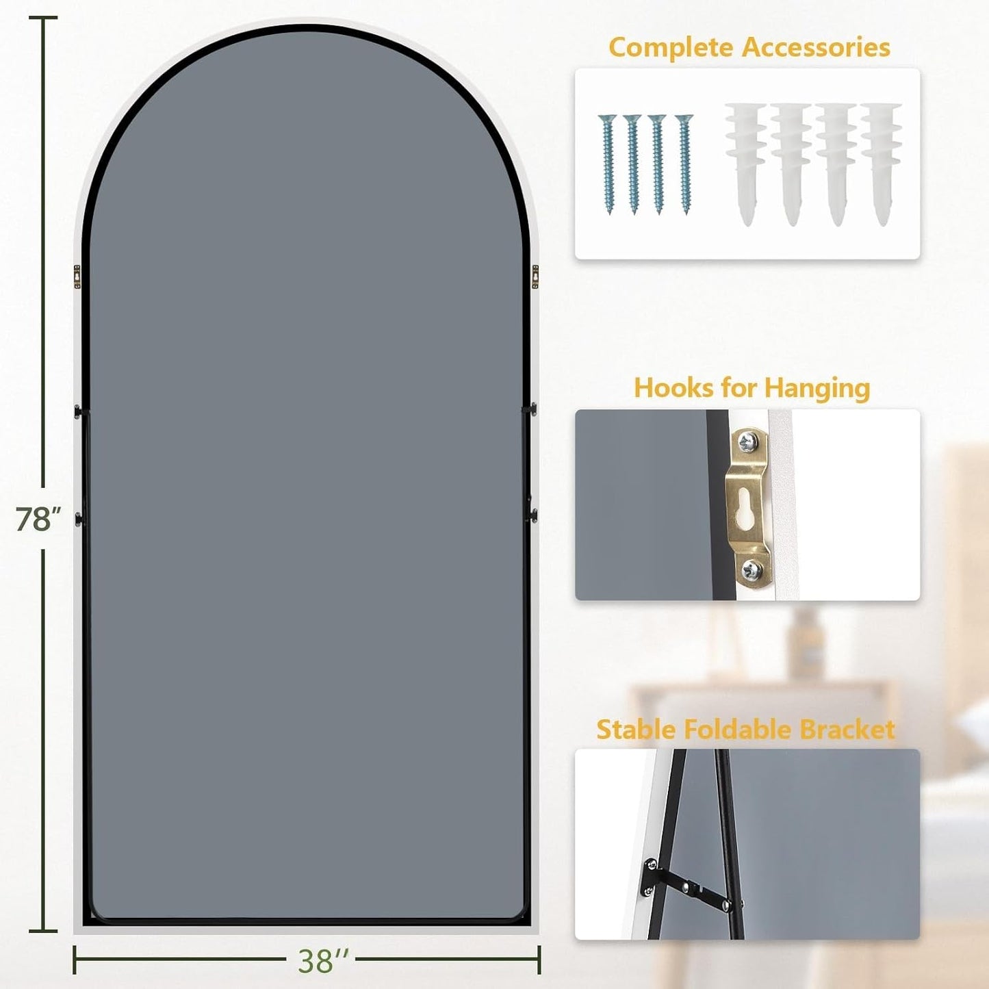 Dewfig Arched Full Length Mirror, 76"x34" Large Floor Mirror, Full Body Mirrors for Leaning or Hanging, Standing Mirrors for Bedroom, Living Room,Dressing Room, Aluminum Alloy Frame, Black