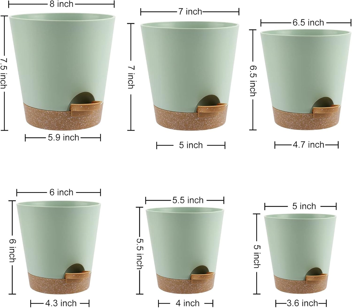 YNNICO Indoor Self Watering Planters with Drainage Holes and Saucers, 8, 7, 6.5, 6, 5.5, 5 Inches, Black, 6 Pots
