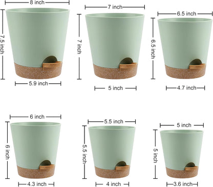 YNNICO Indoor Self Watering Planters with Drainage Holes and Saucers, 8, 7, 6.5, 6, 5.5, 5 Inches, Black, 6 Pots