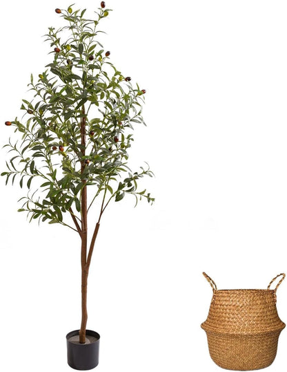 6FT Artificial Olive Tree Indoor, Tall Faux Olive Tree with Pot&Basket, Large Fake Olive Tree with Realistic 1080 Silk Leaves and 60 Fruits for Living Room Home Office Decor.