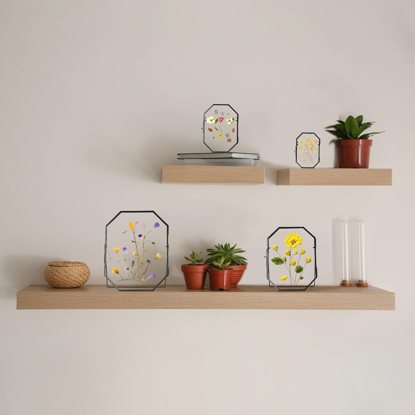 REDHUGO Glass Pressed Flower Frame Handmade, Metal Floating Picture Frame, Double Glass for Tabletop Display, Unique Brass Octagon, Gold, 5x7 Inches (Frame Only)