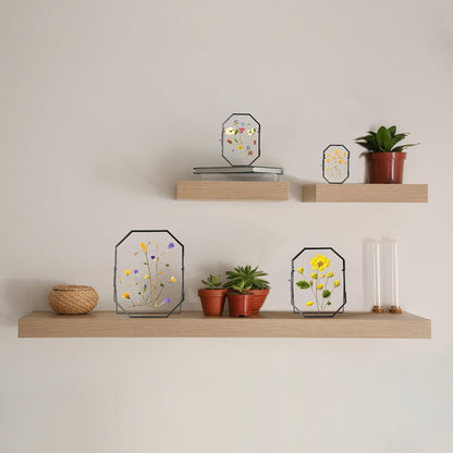 REDHUGO Glass Pressed Flower Frame Handmade, Metal Floating Picture Frame, Double Glass for Tabletop Display, Unique Brass Octagon, Gold, 5x7 Inches (Frame Only)