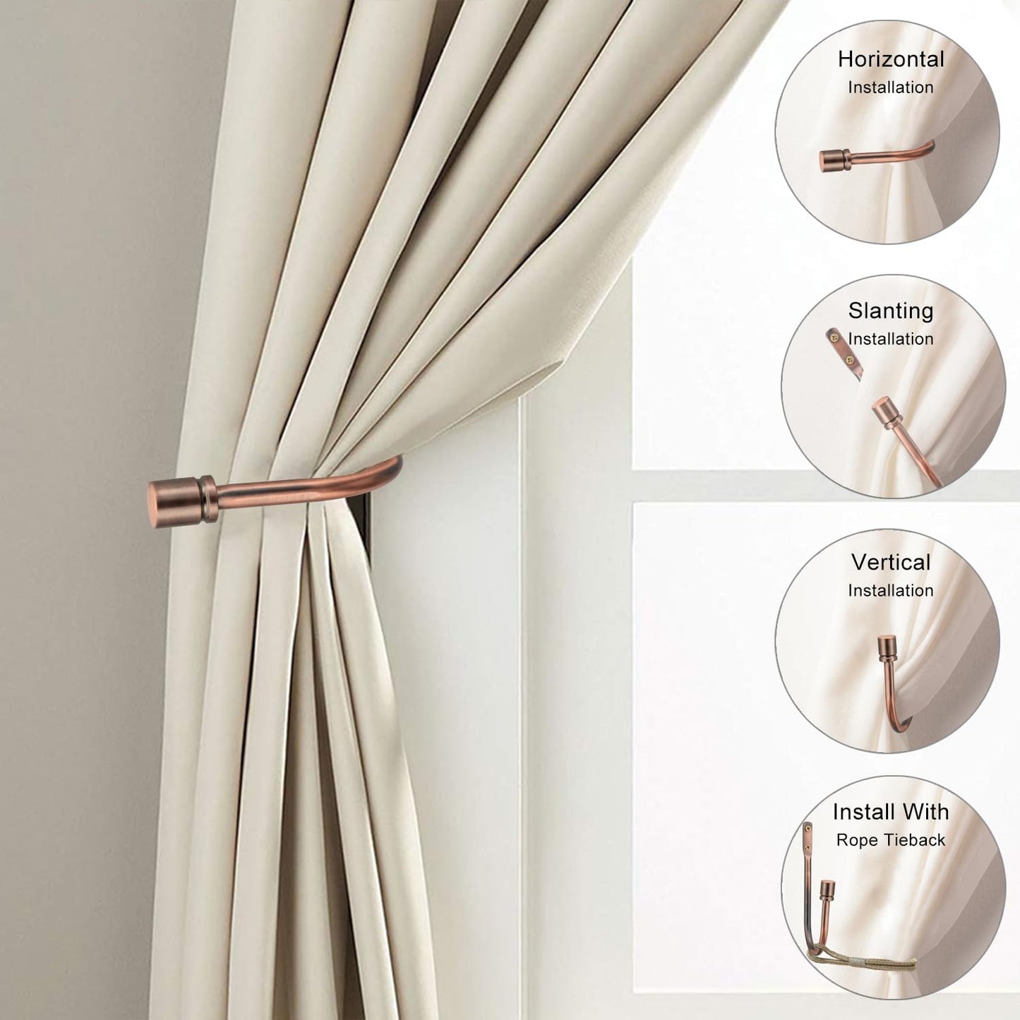 2 Pack Curtain Holdbacks - Silver, Decorative Drapery Wall Hooks with Hardware, Curtain Pull Back Hooks, Metal Curtain Tiebacks Wall Mounted, Window Side Holders for Drapes, Curtain Accessories