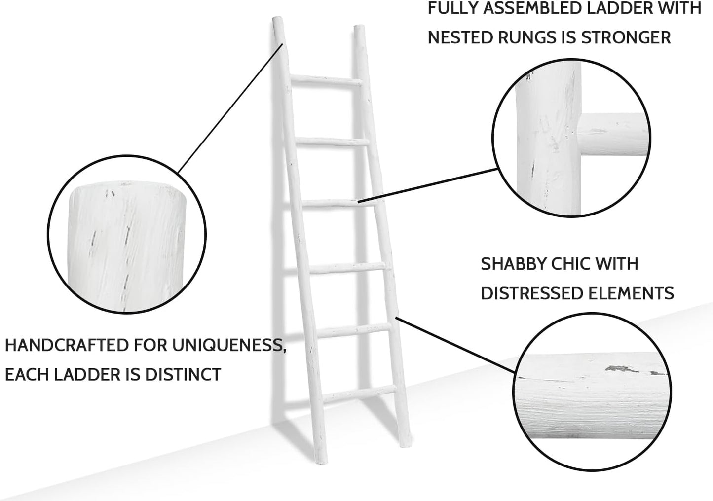 FUIN 57in Wood Blanket Ladder Living Room Decorative Wall Leaning Farmhouse Quilt Display Holder Rustic Wooden Towel Rack for Bathroom, Brown