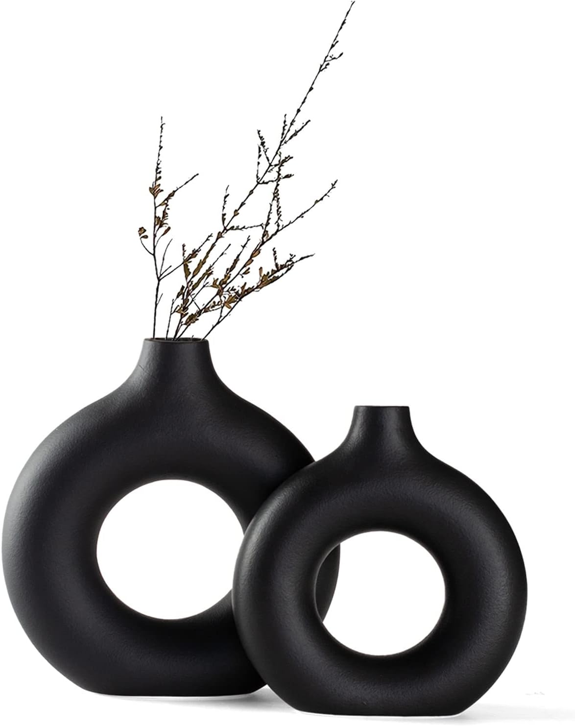 White Ceramic Donut Vase Set of 2, Hollow Matte Pampas Flower Vases for Boho Home Wedding Party Room Dinner Table Shelf Decor.（White）