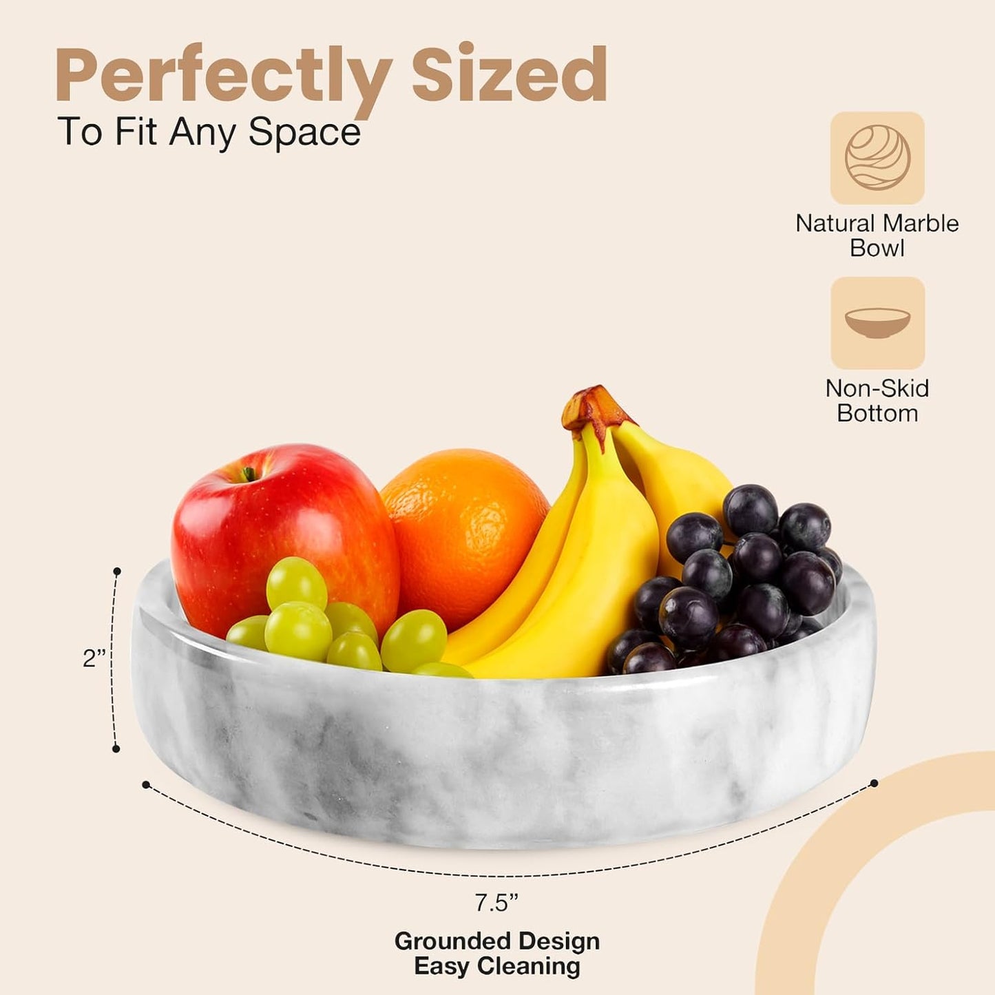 FNTSTICGOODS Travertine Decorative Bowl - 7.8” Diameter & 2” Height - Key Bowl for Entryway Table - Organic Modern Centerpiece - White/Gray