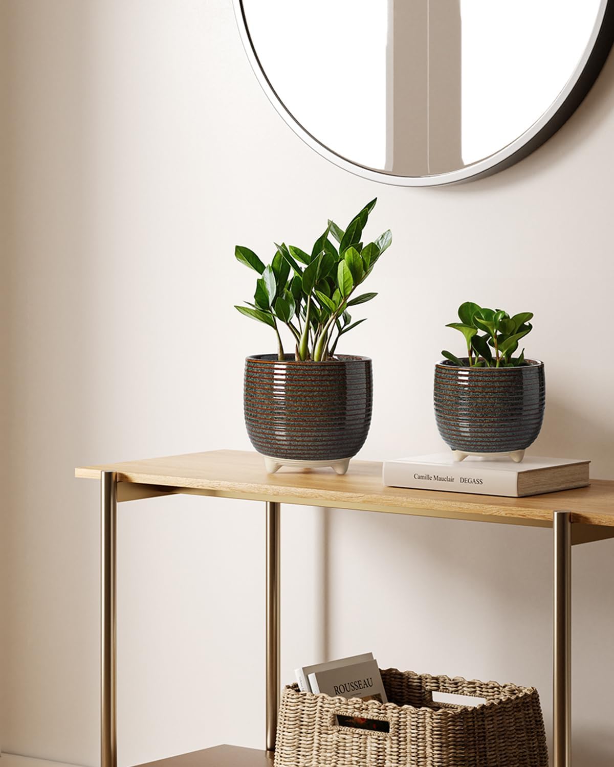 LE TAUCI Ceramic Plant Pots, 5.1 + 6.4 Inch Footed Pots for Plants, Modern Flower Pots for Home and Office, Indoor Planters with Drainage, Reactive Glaze White
