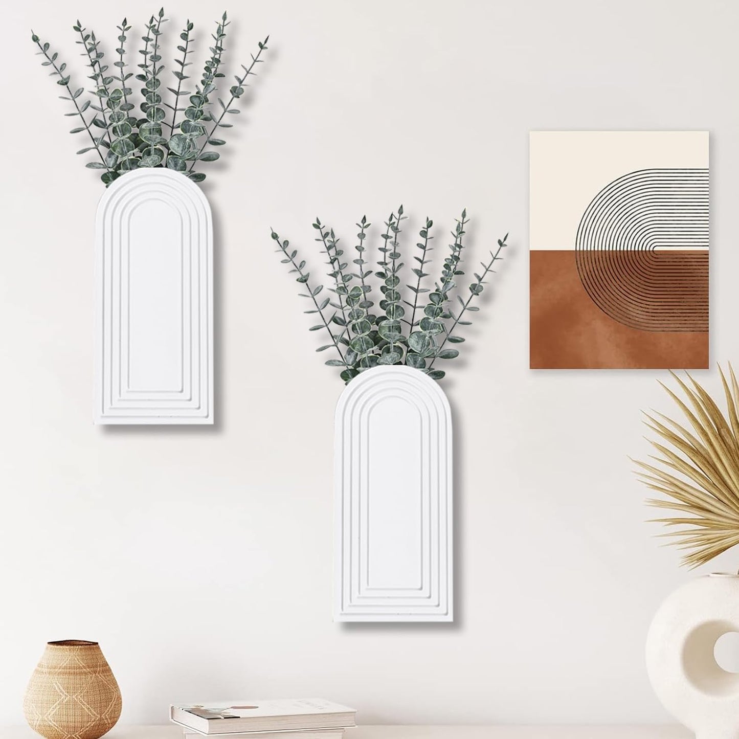 Dnnnii 2 Pack Wooden Wall Vase Set - Brown Finish Modern Farmhouse & Boho Wall Decor for Entryway, Hallway, Bathroom, Living Room, Dining Room, Narrow Spaces