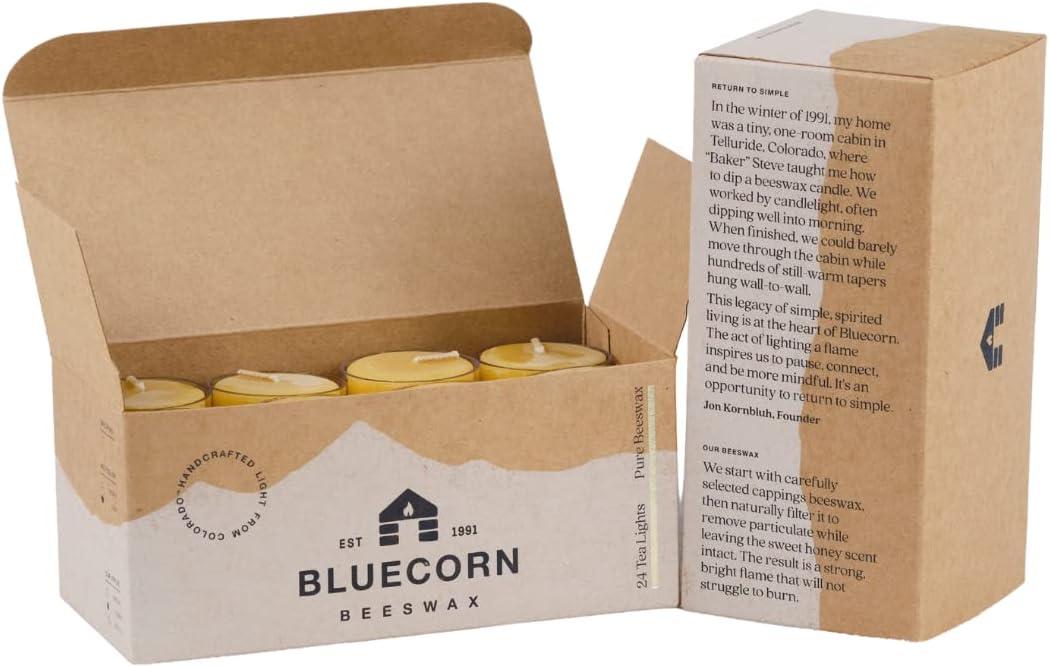 Bluecorn Beeswax Tea Light Candles, 100% Pure Natural Bees Wax, Yellow Tea Lights, Fragrance Free, Paraffin & Soy Free Candle Wax, Clean Burning, Long Lasting (4-5 Hrs), American Made, 24 Pack